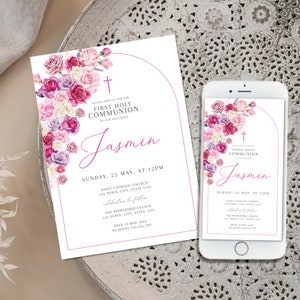 Pink Holy Communion Invitation Template, First Holy Communion invite, Girl Communion Invite Download,  Girl Invitation Pink Text Invite