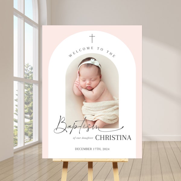 Boho Pink Baptism Welcome Sign with photo, Boho Arch Pink Christening Welcome Sign, Modern Baptism Welcome Poster, Pink Baptism