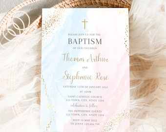 Joint Sibling Baptism Invitation, Printable Christening Invite , Watercolor Baby Dedication, Boy Girl Religious Holy Communion