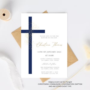 Navy Blue Boy Baptism Invitation, Christening Boy Invitation Template , Holy Communion Invite, Blue Baptism Invitation, Modern boy baptism