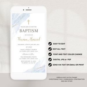 Modern Christening Invitation, Boy Baptism Invitation Template, Blue Christening Invite Template, Blue Watercolor Boys Blue Gold Evite image 4