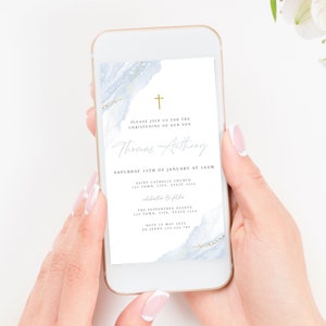 Christening Invitation Boy, Baptism Invitation, Blue and Gold, Light Blue Watercolour, Printable Baptismal Invitation, Blue Gold Christening