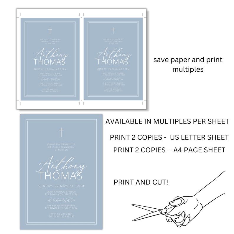 May include: Printable invitation for a First Holy Communion. The invitation is light blue with white text and a cross. The text reads "Join us to celebrate the First Holy Communion of our son Anthony Thomas, Sunday, 22 May, at 12pm".