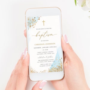 Boy Baptism Invitation, Blue Christening Invite Template, Blue Baptism Watercolor Boys Blue Gold Evite, Editable Baptism Text Message Invite