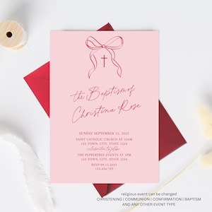 Pink Bow Baptism Invitation Template, Pink Baptism Invitation, Christening Invitation, Whimsical Baptism Invitation for Girl Baptism Invite