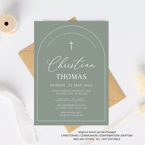 Green Baptism Invitation, Christening Invite , Green Invite, Boys Green Modern Invite, Arch Baptism Invite, Holy Communion digital download