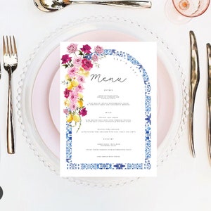 Blue Tiles Greece Menu Bougainvillea Digital Invitation, Santorini Theme Wedding Menu  , dinner menu, italian tiles menu Menu Printable