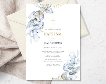 Baptism Invitation Blue Eucalyptus, Baptism Invitation Boy, Baptism Invitation, Editable Template, Instant Download, Eucalyptus blue