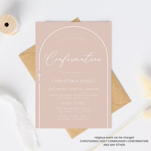 Confirmation Invitation Girl, Baptism Invitation, Arch Dusty Pink Modern Invitation, Pink Christening Invitation, Holy Communion Printable