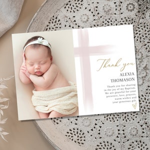 Thank you card Christening Girl, Baptism Invitation, Pink Watercolor, Gold Christening Invite, Printable Christening, digital girl thank you