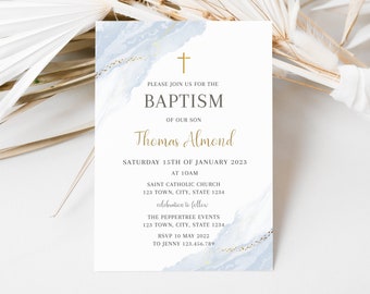 Modern Christening Invitation, Boy Baptism Invitation Template, Blue Christening Invite Template, Blue Watercolor Boys Blue Gold Evite