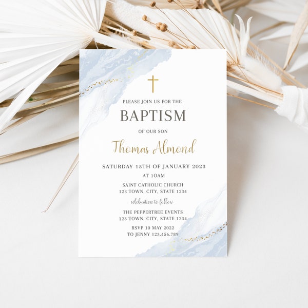 Modern Christening Invitation, Boy Baptism Invitation Template, Blue Christening Invite Template, Blue Watercolor Boys Blue Gold Evite