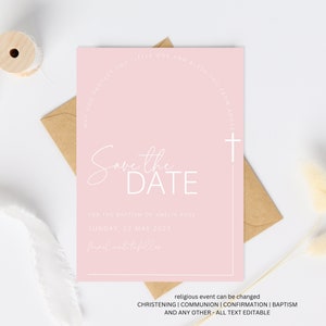 Baptism Invitation Save the Date Template, Blush Pink Baptism Invitation Printable,  Girl Save the date Invitation Template,