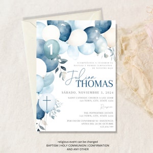 Invitacion de Bautizo, Bautizo Invitation In Spanish, Invitaciones Bautizo, Classic Baptism invite, Mi Bautizo, BAUTIZO Y PRIMER CUMPLEAÑOS