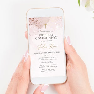 Holy Communion Invitation Template, First Holy Communion invite, Girl Communion Invite Download, Girl Invitation Pink Text Invite, Rose Gold
