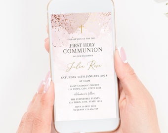 Holy Communion Invitation Template, First Holy Communion invite, Girl Communion Invite Download, Girl Invitation Pink Text Invite, Rose Gold