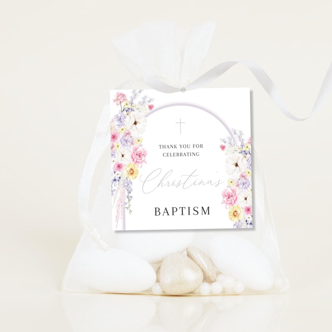 Pink Baptism Bonbonniere Printable Tag , Floral Pink and Purple Thank — free download
