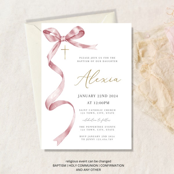 Pink Baptism Invitation Girl, Girl Christening Invitation Template, Pink Christening Invite Template, Pink Bow Baptism Invite, Baptism evite