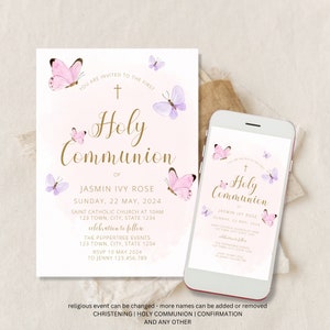 Holy Communion Invitation Template, First Holy Communion invite, Butterfly Girl Communion Invite Download,  Girl Invitation Pink Text Invite