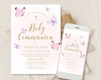 Holy Communion Invitation Template, First Holy Communion invite, Butterfly Girl Communion Invite Download,  Girl Invitation Pink Text Invite