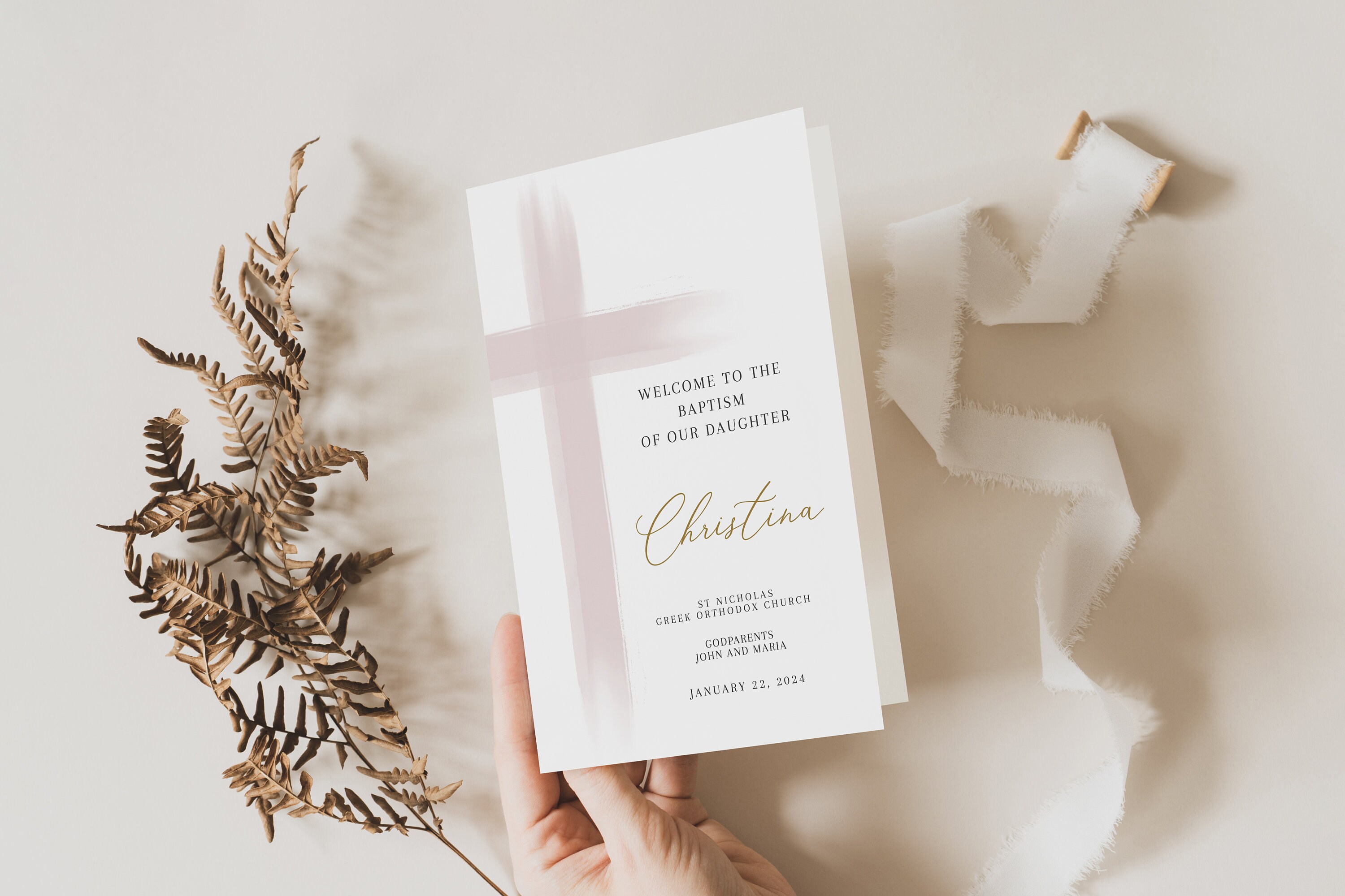 Pink Greek Orthodox Baptism Program Template, Editable Baptism Program ...