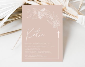 Christening Invitation Girl, Baptism Invitation, Dusty Pink, Native Flower Printable Invitation,  Pink Christening Invitation