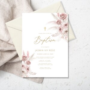 BOHO blush Baptism Invitation template, Girl Blush floral Printable Baptism Invites, Pink Pampas grass Baptism Invitation, Baptism Bohemian