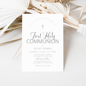 Modern simple first holy communion invitation / Baptism / Confirmation Gold Cross Boy Invitation digital download Invite