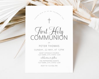 May include: White card with a black cross at the top and the text "First Holy Communion" in cursive. The card also includes the name "Peter Thomas", the date "Sunday, 22 May, at 12PM", the location "Saint Catholic Church", and the address "123 Town, City, State 1234". The card also includes the text "celebration to follow" and the location "The Peppertree Events, 123 Town, City, State 1234". The card also includes the text "RSVP to 123.456.789".