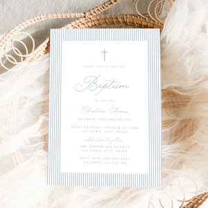 Baptism invitation Boy, Christening invitations boy, dusty blue baptism invitation, Boys Blue Invite, stripe baptism invite digital download