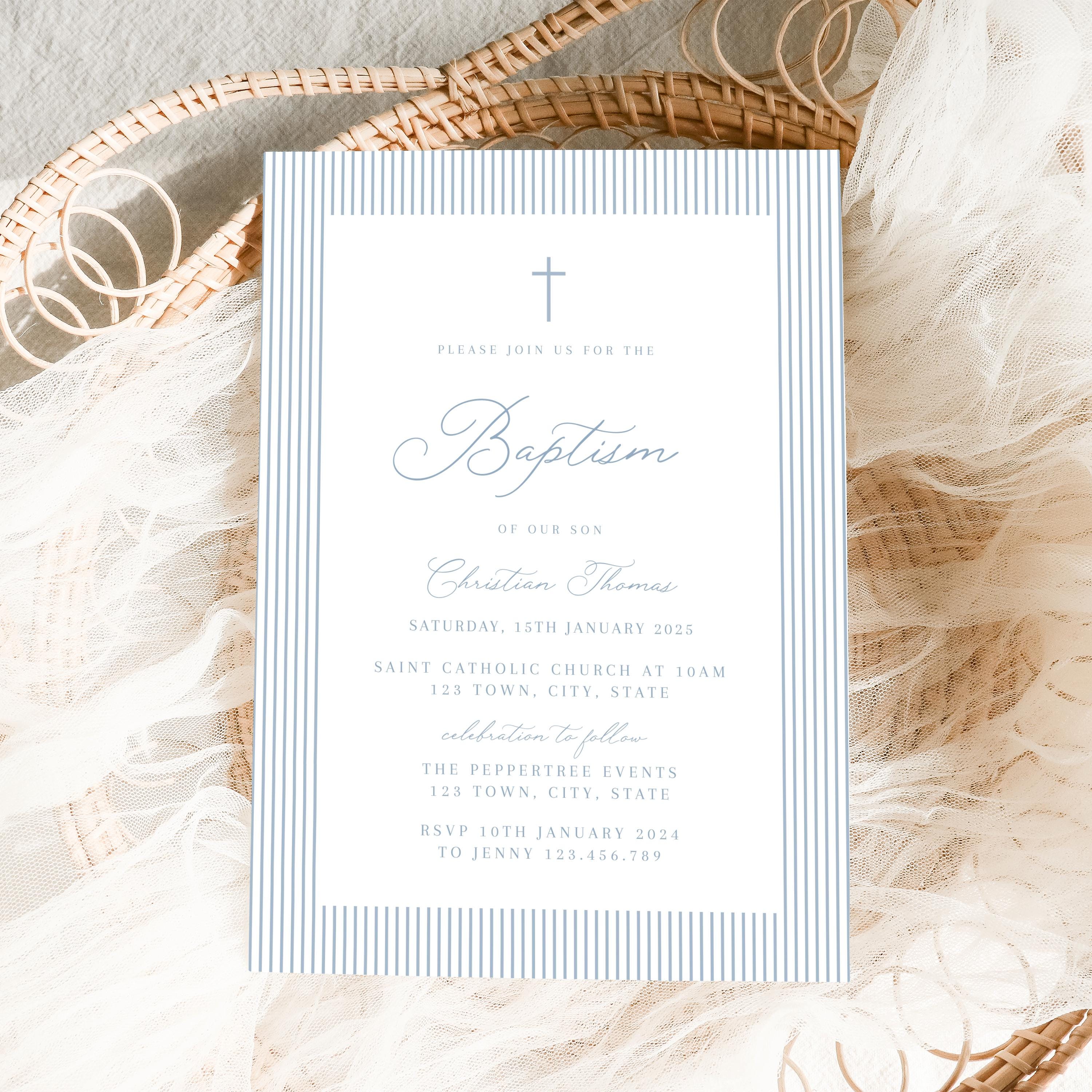 Baptism invitation Boy, Christening invitations boy, dusty blue baptism invitation, Boys Blue Invite, stripe baptism invite digital download