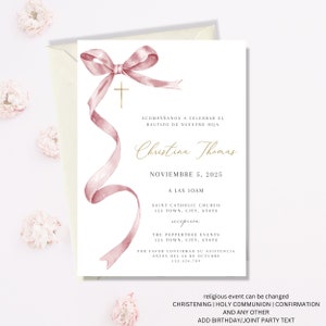 Rosa Invitacion de Bautizo, Bautizo Invitation In Spanish, Invitaciones Bautizo, Classic Baptism, Mi Bautizo, Religious Invitation, Pink