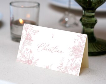 Pink Flower Editable Place Card Template, 3.5x2" Folded and flat, Simple placecard, DIY Printable  card ,Editable Pink vintage floral