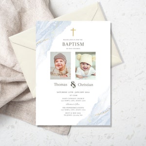 Twin Baptism Invite for Boys, Blue Baptism Invitation, Blue Christening Invite Template, Baptism Invitation Twins, Baptism Invite Twin Boys