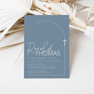 Dusty Blue Simple  Baptism / Holy Communion / Confirmation Gold Cross Frame Invitation digital download Invite