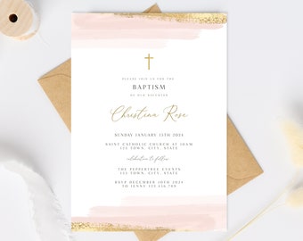 Pink Baptism Invitation Girl, Girls Christening Invitation Template, Pink Christening Invite Template, Pink Cross Invite, Girls Baptism