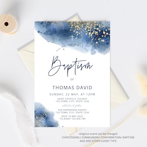 Navy Blue Boy Baptism Invitation, Christening Boy Invitation Template , Holy Communion Invite, Blue Baptism Invitation, Modern boy baptism
