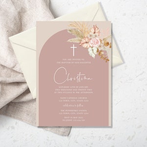 Christening Invitation Girl, Baptism Invitation, Dusty Pink, Boho Flower, Printable Invitation,  Pink Christening Invitation, Holy Communion