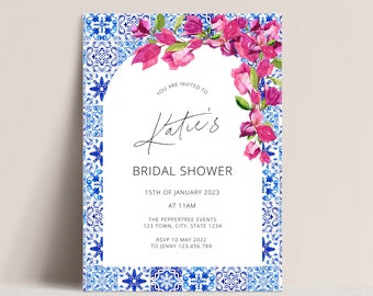 Bridal Shower Invitation, Modern Elegant Wedding Invitation Template, Printable Wedding Invite, Santorini Blue Tiles Bougainvillea