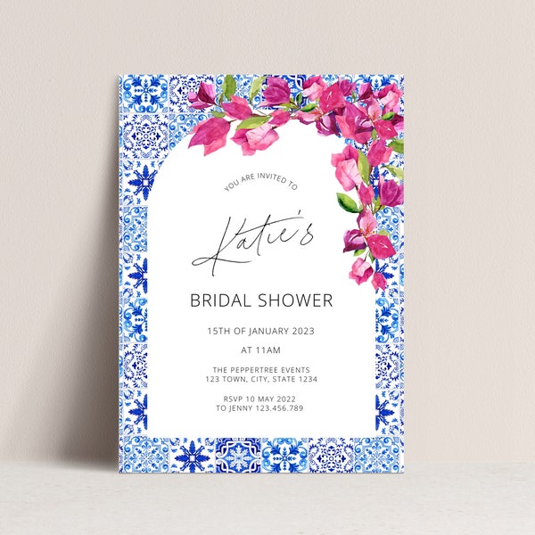 Bridal Shower Invitation, Modern Elegant Wedding Invitation Template, Printable Wedding Invite, Santorini Blue Tiles Bougainvillea