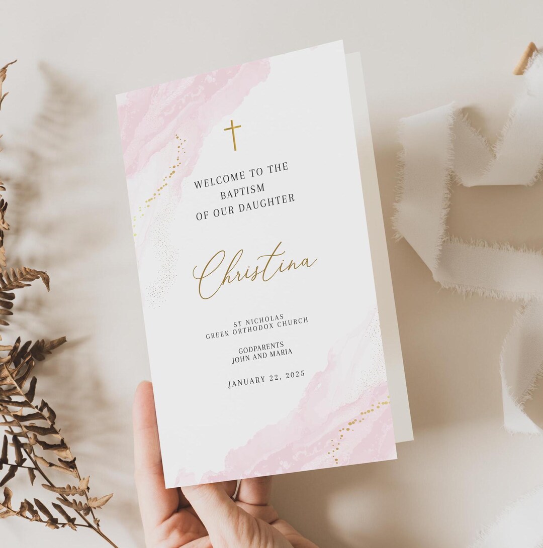 Pink Greek Orthodox Baptism Program Template, Editable Baptism Program ...