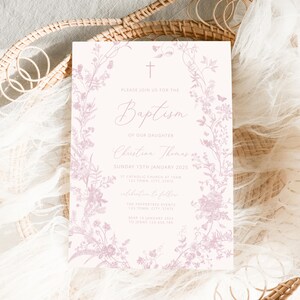 Vintage Floral Baptism Invitation Girl, Girl Flower Invitation Template, Christening Invitation Dusty Pink Template, Victorian Era butterfly
