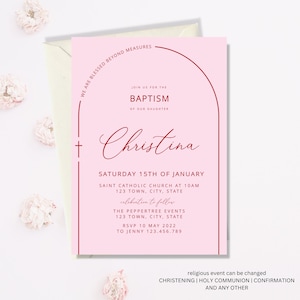 Baptism Invitation Girl, Christening Invitation, Arch Pink Red Modern Invitation, Pink Christening Invitation, Holy Communion Printable
