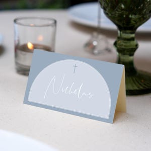 Place Cards Template, Dusty Blue Place Cards, Editable Place Cards Name, Baptism Place card blue folded, Christening placecards Blue card
