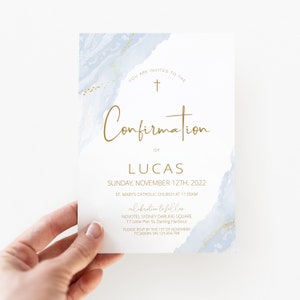 Boy Confirmation Invitation, Baptism Invite , Dusty Blue , Boys Blue Gold Invite, Baptism Invite, Holy Communion digital download