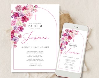 Pink and Purple Flowers Girl Baptism Invitation, Girl Christening Invitation Template, Pink Christening Invite Template, Pink Girls invite