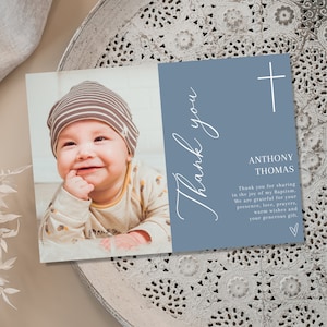 Boy Baptism PHOTO thank you card, Christening Thank you , Dusty Blue card, Boys Blue Thank you card, Blue Thank you for celebrating baptism