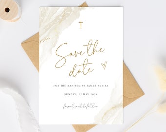 Baptism Invitation Save the Date Template, save the date christening,  Boy Save the date Invitation Template, Beige Baptism Christening