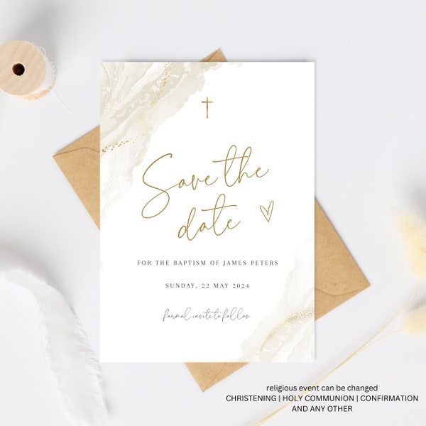 Baptism Invitation Save the Date Template, save the date christening,  Boy Save the date Invitation Template, Beige Baptism Christening