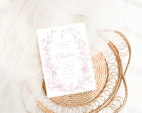 Vintage Floral Baptism Invitation Girl, Girl Flower Invitation Template, Christening Invitation Dusty Pink Template, Victorian Era butterfly